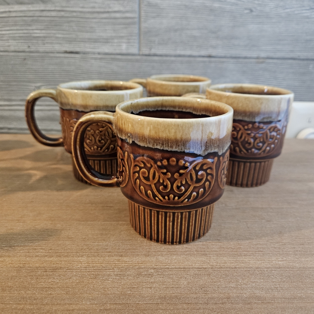 Vintage 70s Embossed Brown and Cream Mugs
